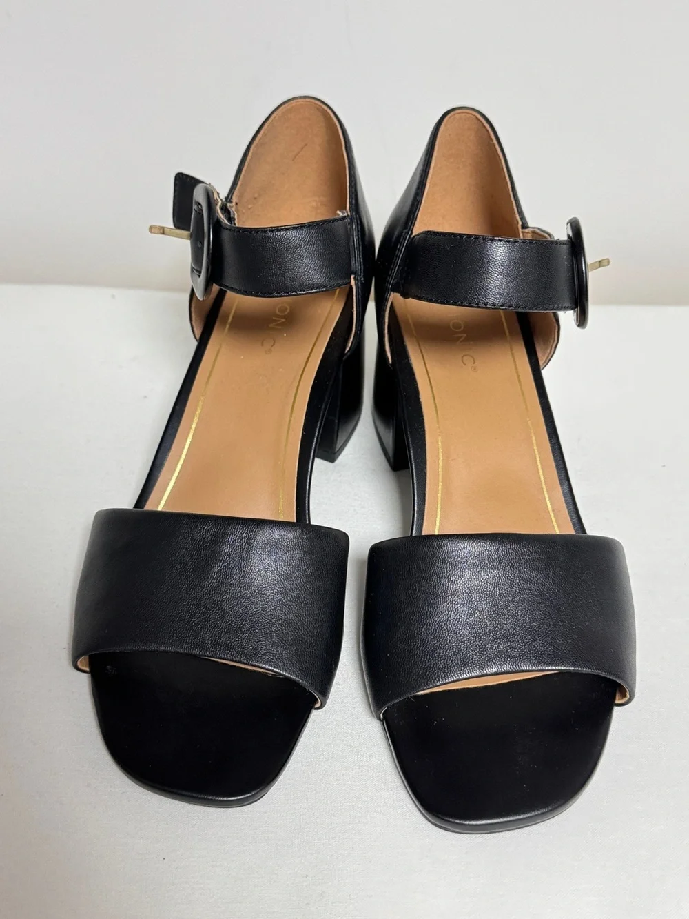 Vionic Chardonnay Black Leather Chunky Heeled Sandals